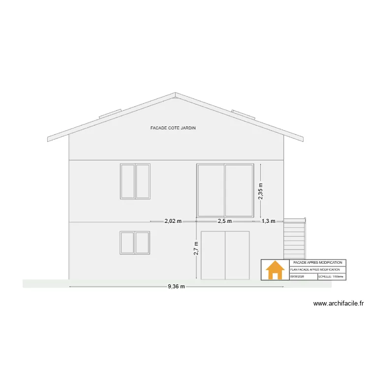 Facade cot&eacute; grande baie vitr&eacute;e. Plan de 