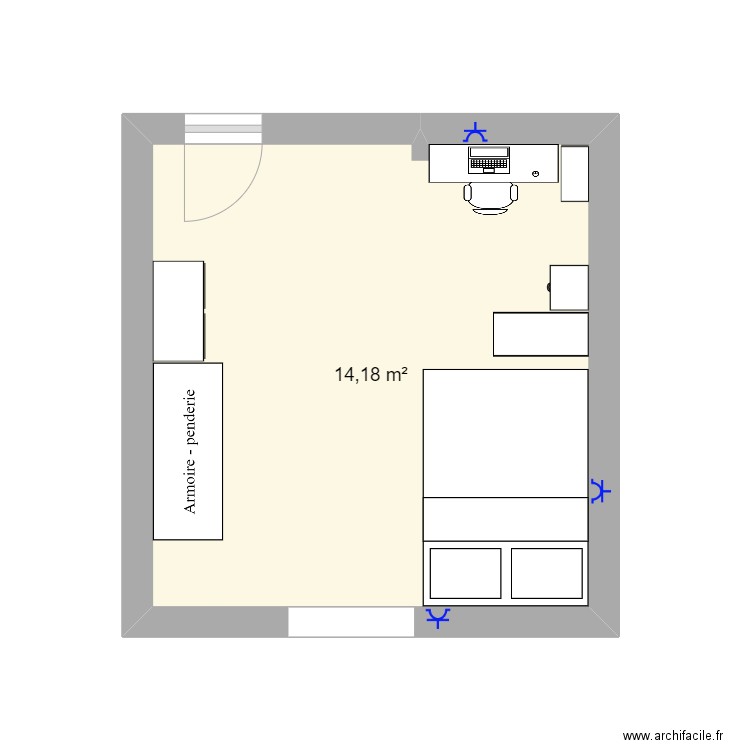 Chambre V1. Plan de 1 pièce et 14 m2