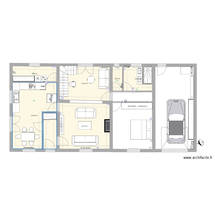 RDC avec meubles et SdBains. Plan de 6 pièces et 71 m2