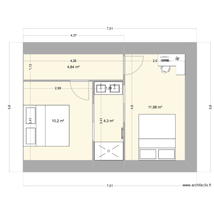 Etage gites. Plan de 4 pièces et 31 m2