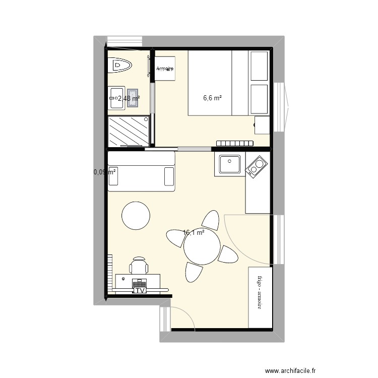 Appart 2RE - lit contre mur sdb105. Plan de 4 pièces et 25 m2