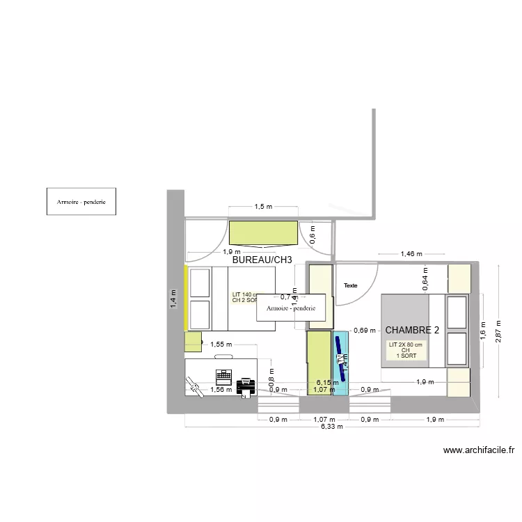 chambre parents en CH 2 bis 2 X 80 cm & BUREAU CH3 version LIT 140 cm. Plan de 