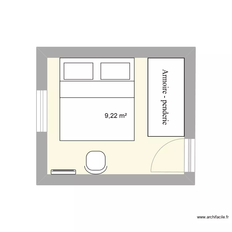 Chambre lit perpendiculaire v1. Plan de 1 pièce et 9 m²