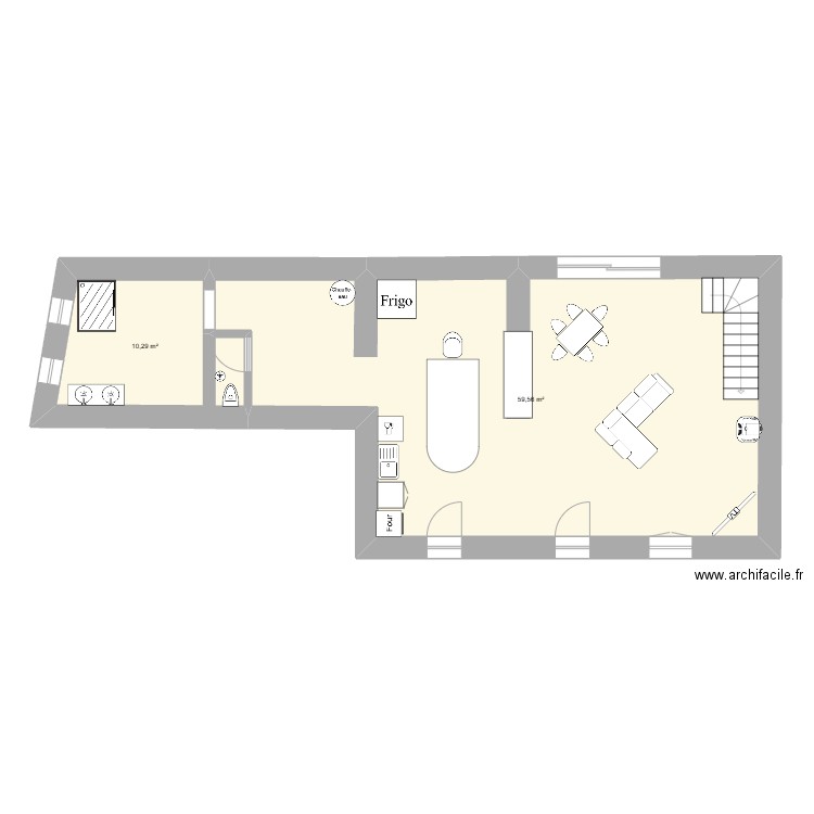 rez de chausse. Plan de 2 pièces et 70 m2