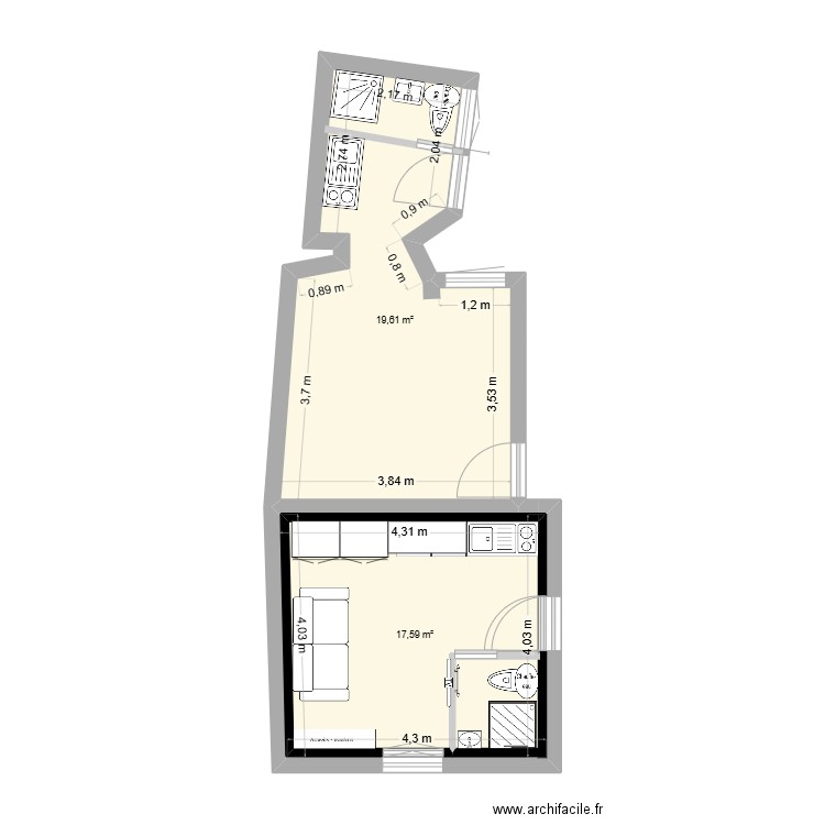 total. Plan de 2 pièces et 37 m2