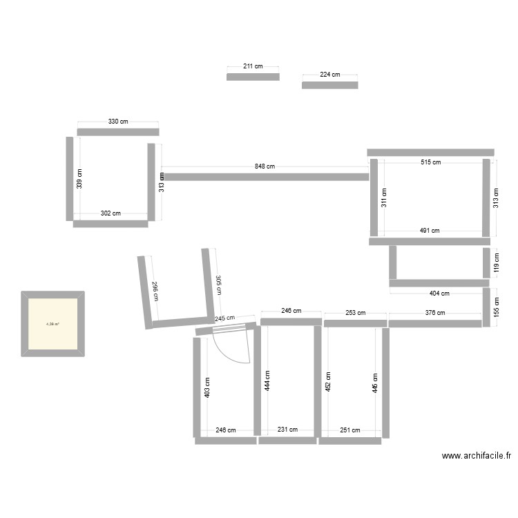 distance . Plan de 1 pièce et 4 m2