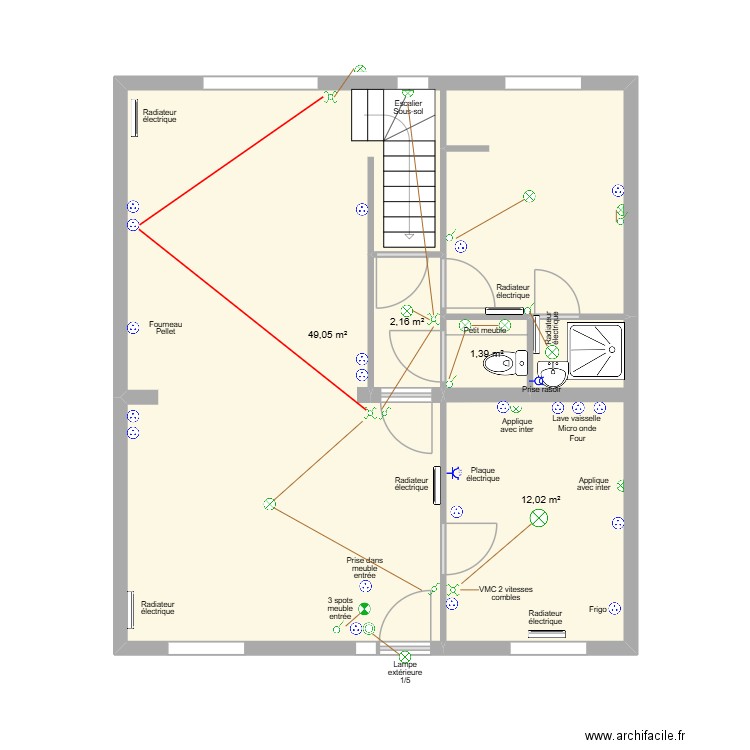Rez de chaussée Morsang. Plan de 4 pièces et 65 m2