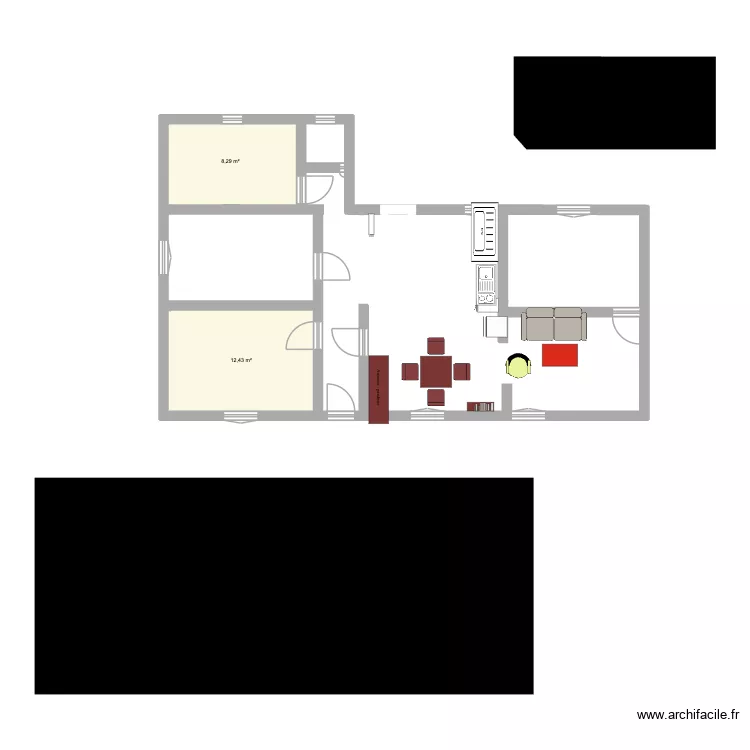 Plan 1 avec toit et meubles. Plan de 2 et 21 m² Plan 1 avec toit et meubles. Plan de 2 et 21 m²