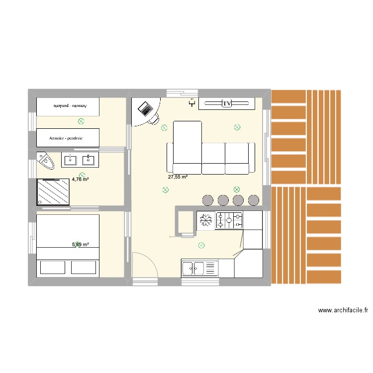 maison F2 . Plan de 3 pièces et 38 m2