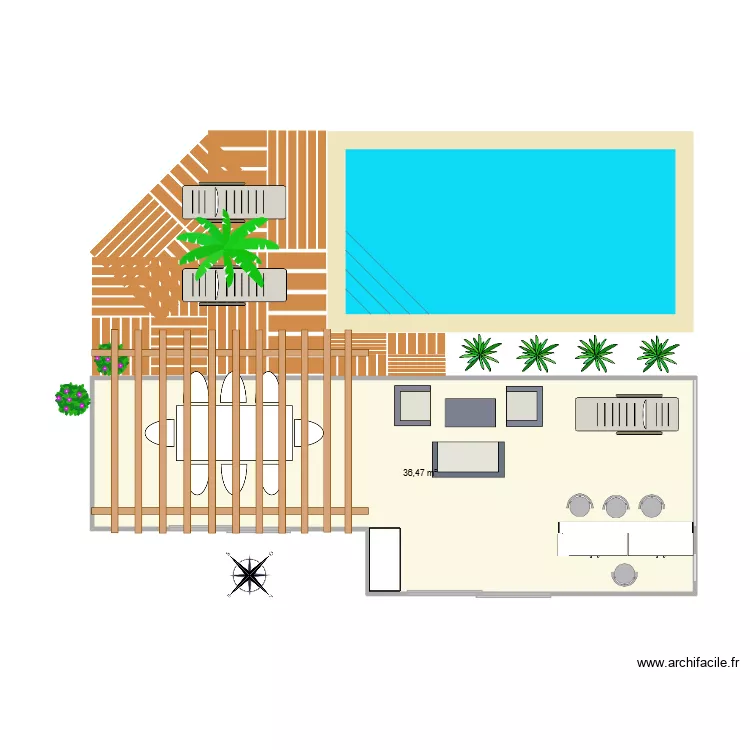 Terrase piscine. Plan de 1  et 36 m²