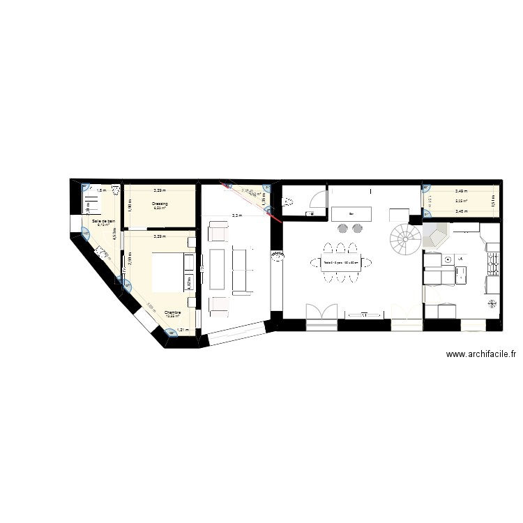 plan maison meublé 009. Plan de 5 pièces et 33 m2