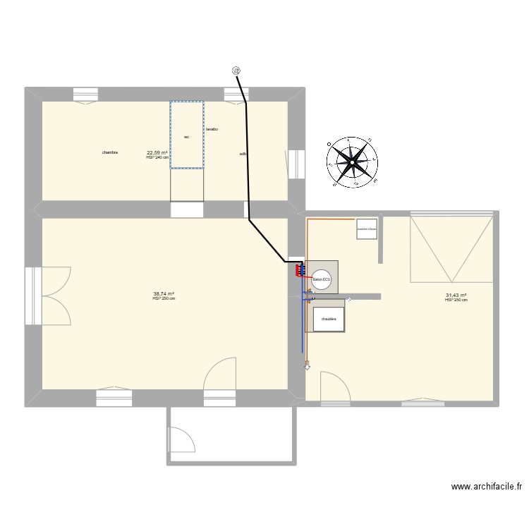 plan maison chauffage. Plan de 3 pièces et 93 m2