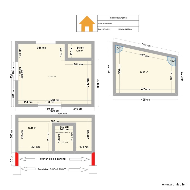 Soissons Linzeux. Plan de 5 pièces et 53 m2