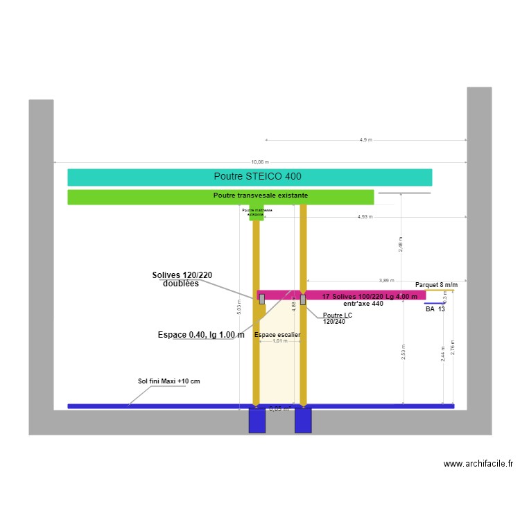 COUPE Transvesale 3 niveaux . Plan de 2 pièces et 2 m2