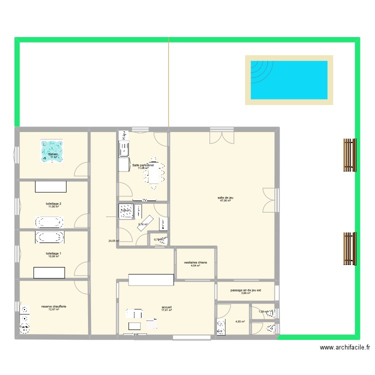 creche chiens. Plan de 15 pièces et 166 m2