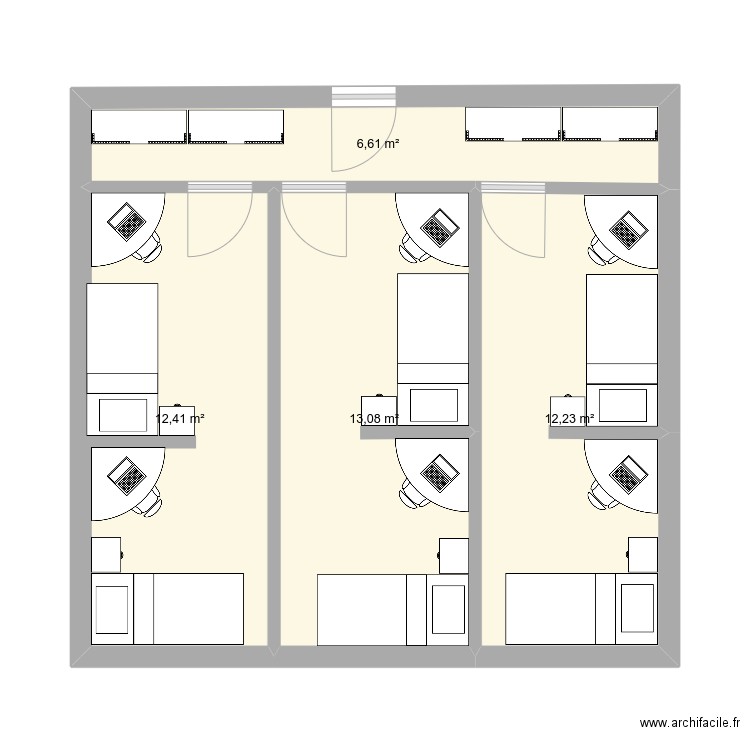 P002 3 par chambre et bureau. Plan de 4 pièces et 44 m2