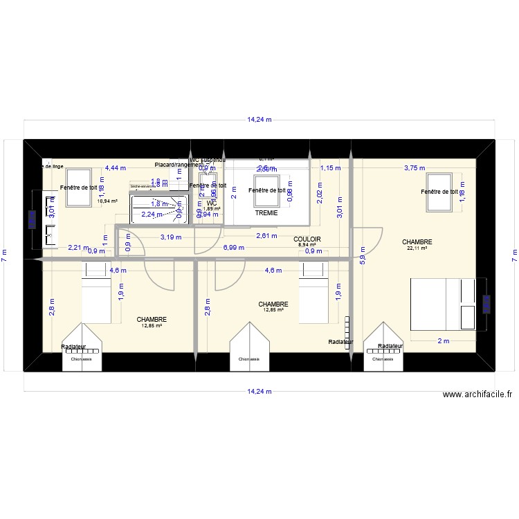Etage Le château. Plan de 8 pièces et 75 m2