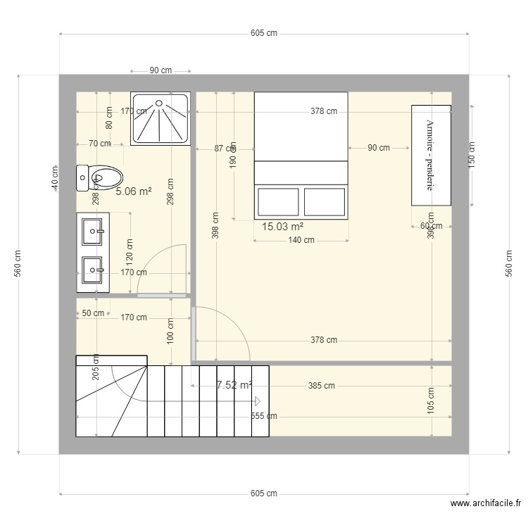 Etage chambre + salle de bains + wc v2. Plan de 3 pièces et 28 m2