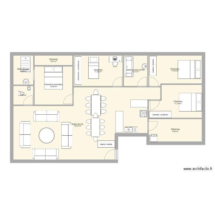 Maison en L. Plan de 10 pièces et 129 m2