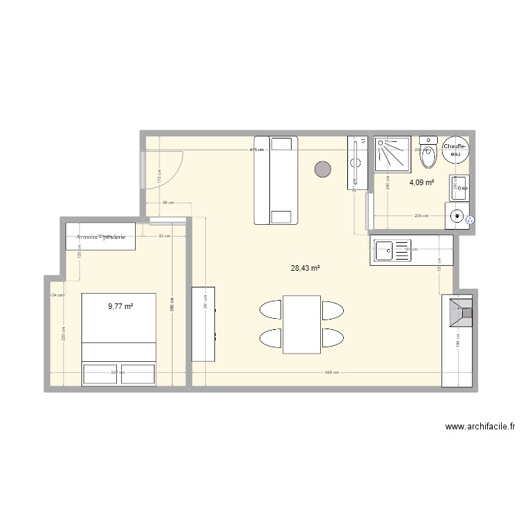 studio 5. Plan de 3 pièces et 42 m2