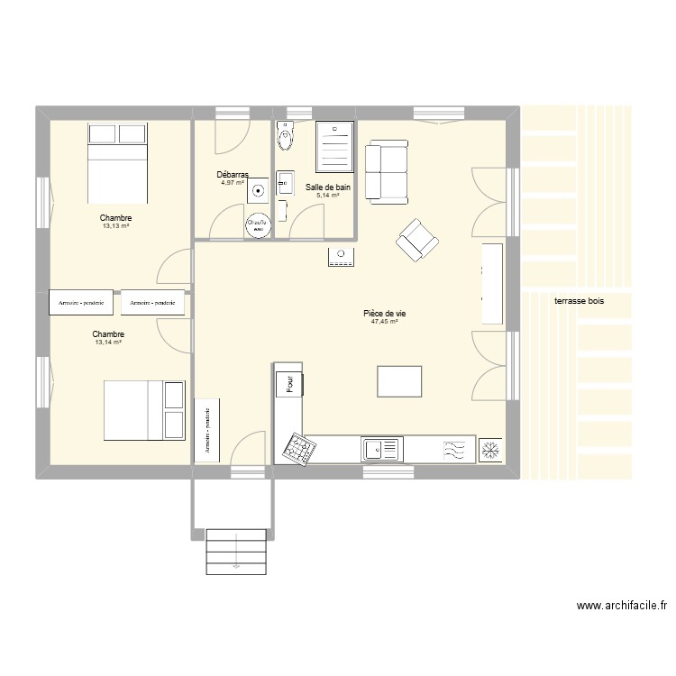 chalet madrier 2cote. Plan de 5 pièces et 84 m2