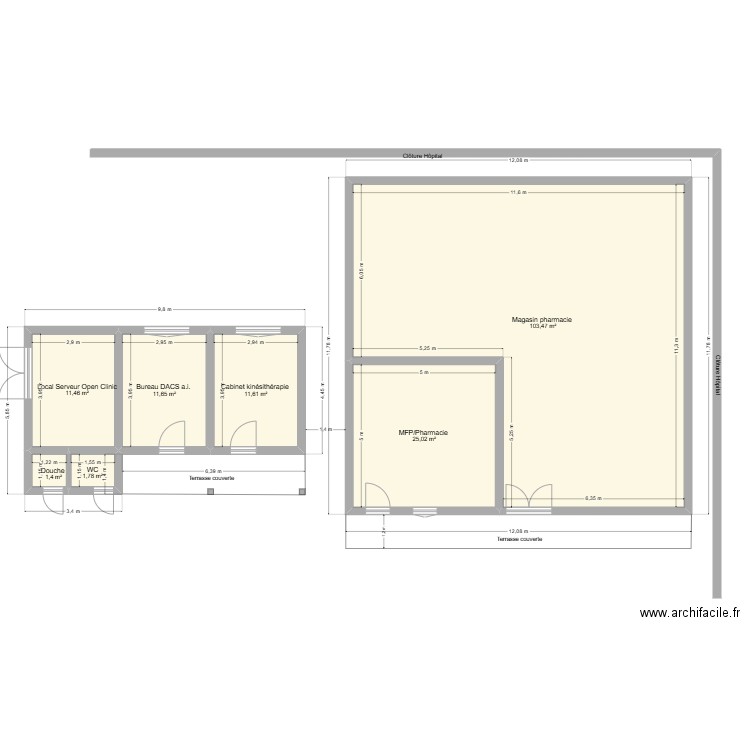 HDS de Kabezi - Bâtiment existant pour service de kinésithérapie. Plan de 7 pièces et 166 m2
