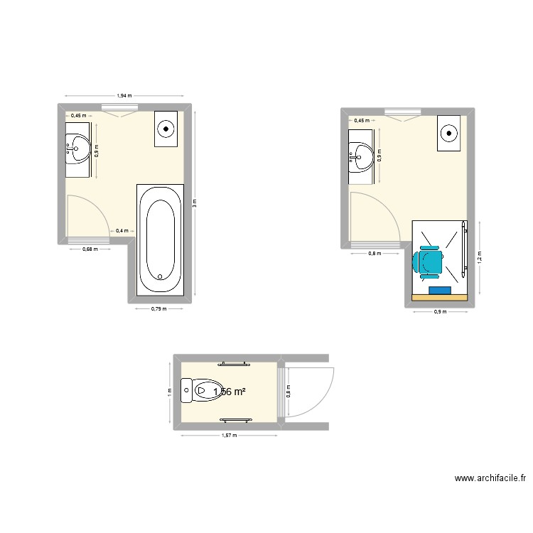 sdb debout. Plan de 3 pièces et 11 m2