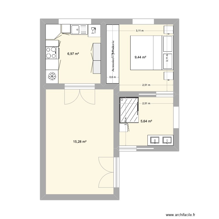 Petits champs aménagé. Plan de 4 pièces et 37 m2