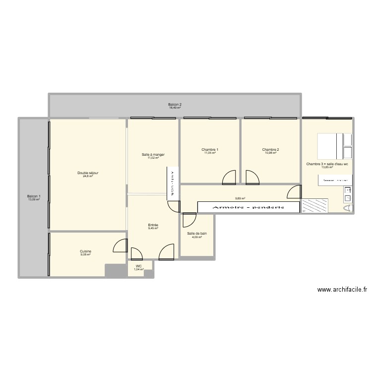 MIELLE futur. Plan de 15 pièces et 135 m2