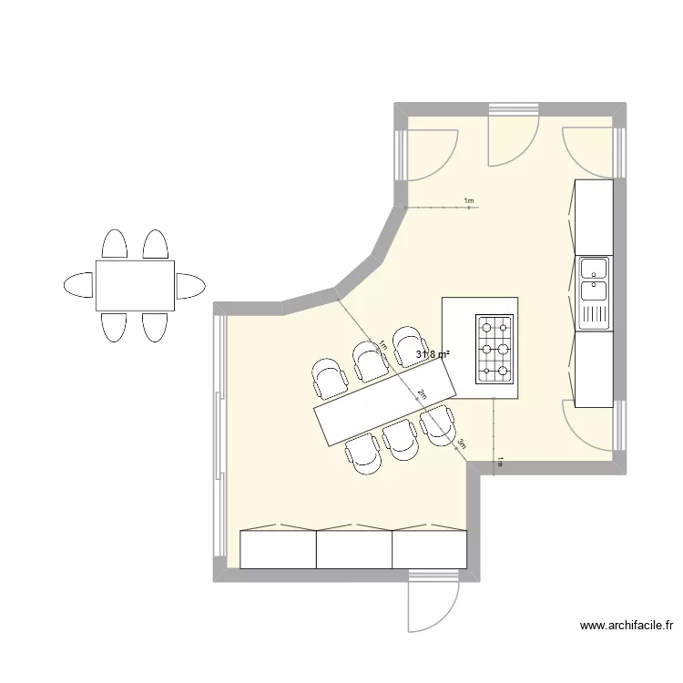 cuisine. Plan de 1  et 32 m²
