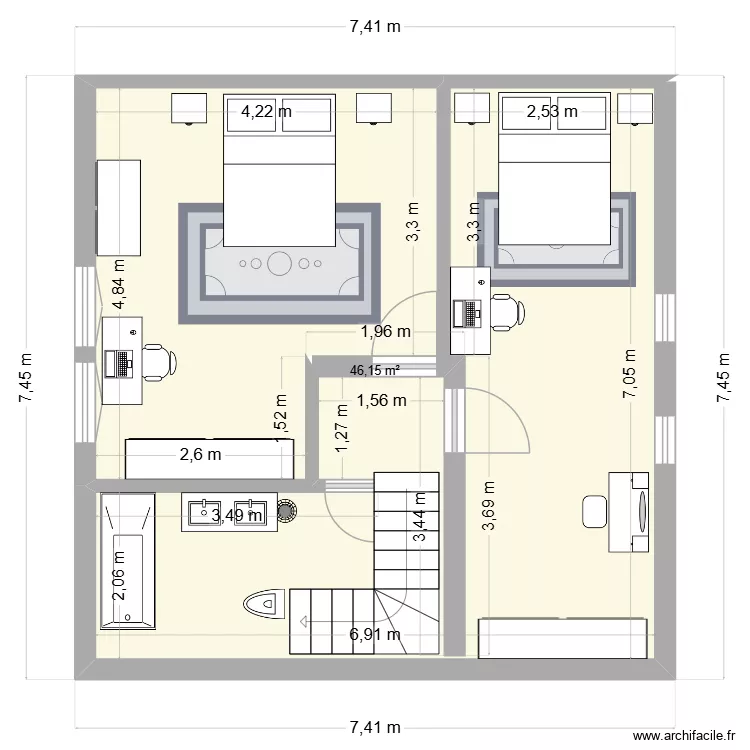 rssertes chambres 1er. Plan de 1  et 46 m²