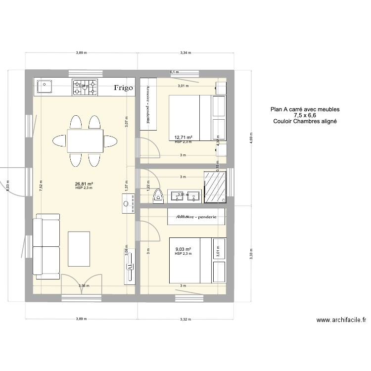 Plan A carré avec meubles. Plan de 3 pièces et 49 m2