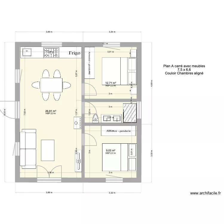 Plan A carré avec meubles. Plan de 3 pièces et 49 m² Plan A carré avec meubles. Plan de 3 pièces et 49 m²