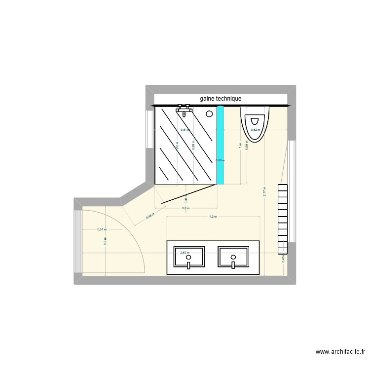 Salle de bain PROUTEAU. Plan de 2 pièces et 5 m2