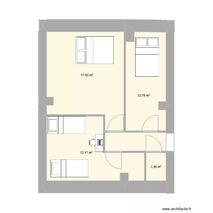 chambres 1. Plan de 4  et 43 m²