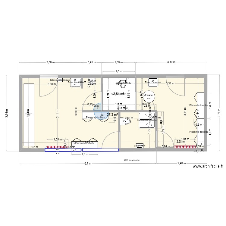 vestiaires bai - projet PN. Plan de 2 pièces et 30 m2