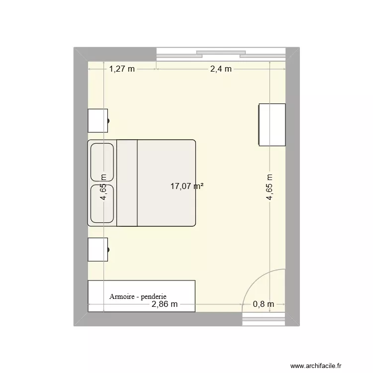 Chambre Yo. Plan de 1 Pièce et 17 m²