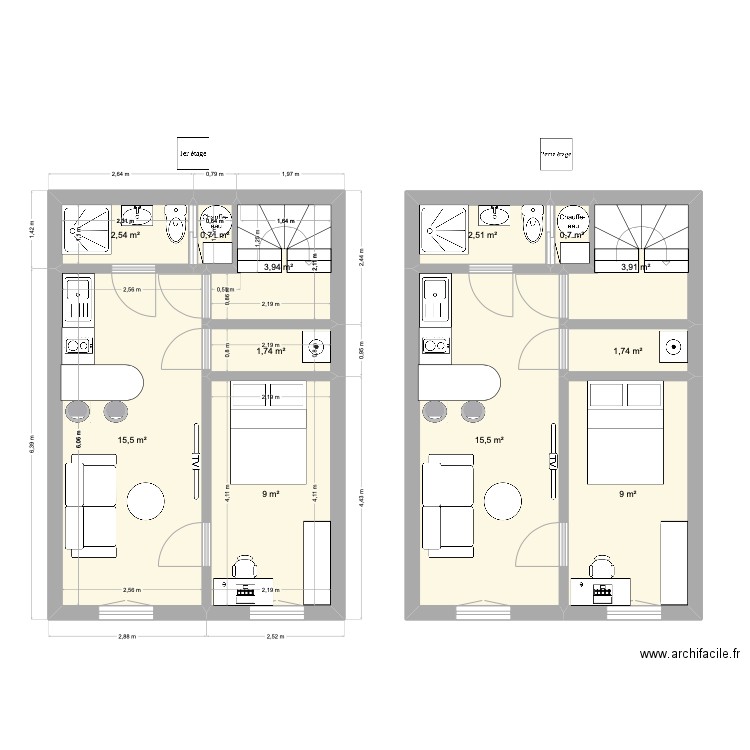 2ème étage. Plan de 12 pièces et 67 m2
