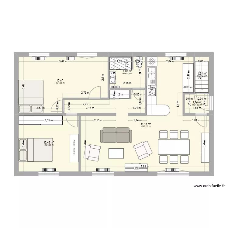 Etage 2b. Plan de 6 Pièces et 77 m²