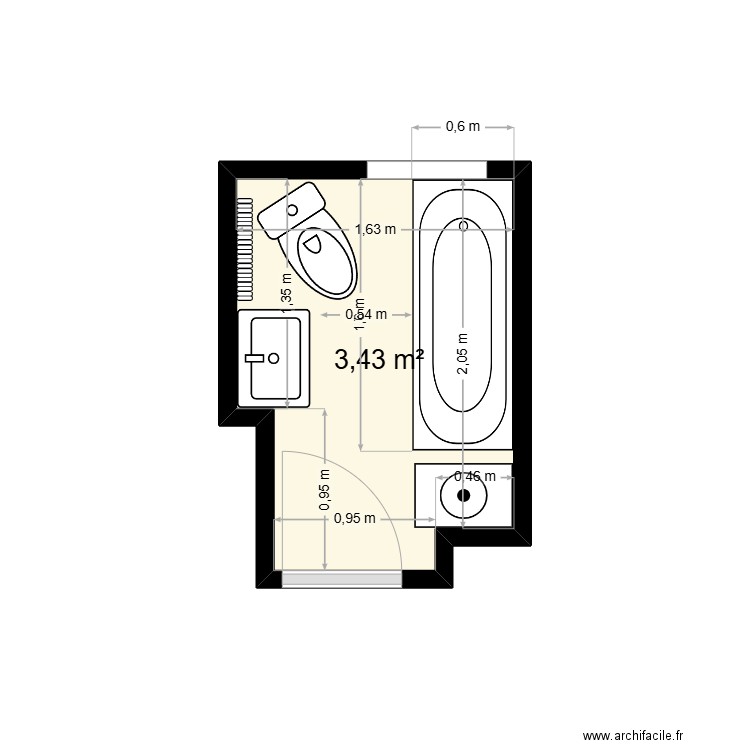 sdb. Plan de 1 pièce et 3 m2