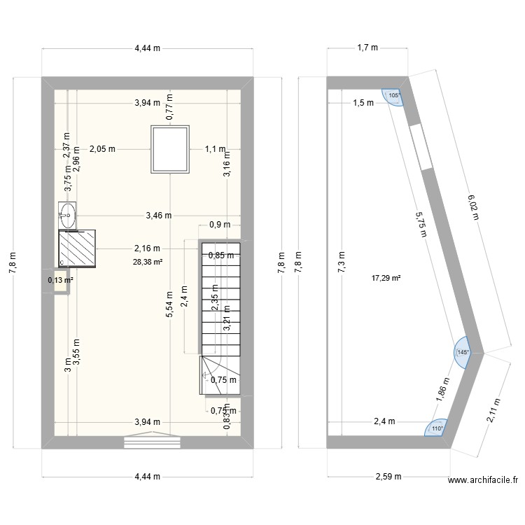 3eme etage. Plan de 3 pièces et 46 m2