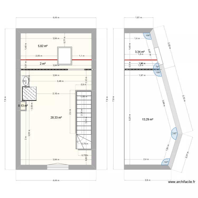 3eme etage. Plan de 6 pièces et 45 m²