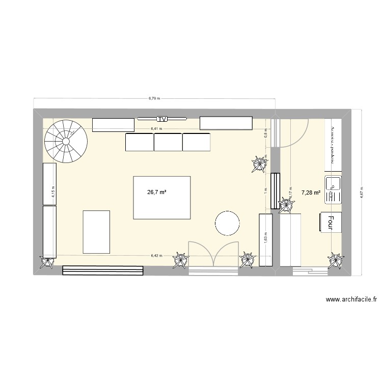 aménager un point de vente. Plan de 2 pièces et 34 m2
