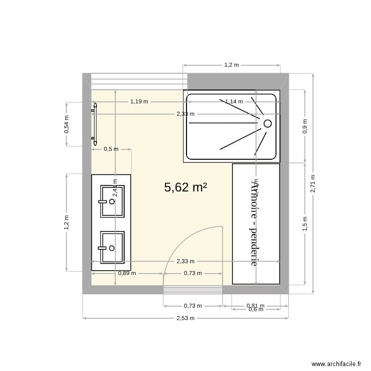 Renovation_salle_de_bain. Plan de 1 pièce et 6 m2