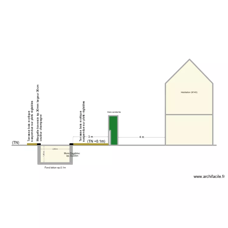 Vue en coupe. Plan de 4 pièces et 30 m²