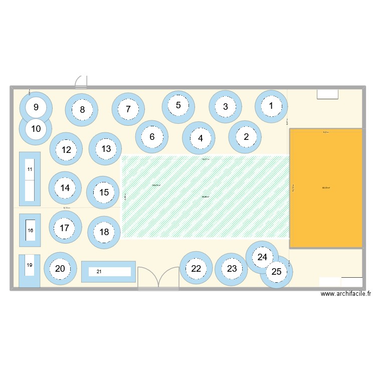 Plan réveillon 2025-2026 avec empattement chaises et 21 tables rondes-2. Plan de 3 pièces et 497 m2