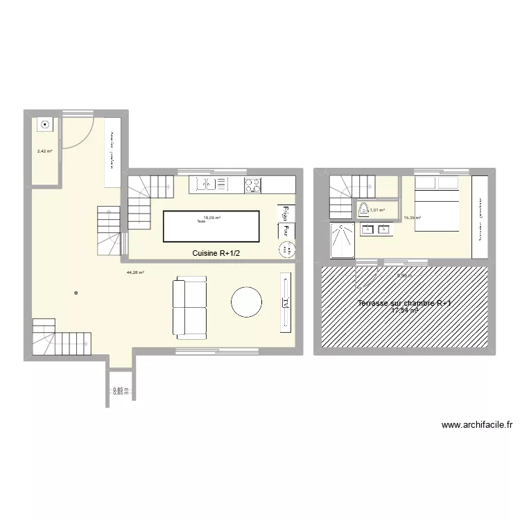 Entr&eacute;e buanderie cuisine V4. Plan de 6  et 99 m²