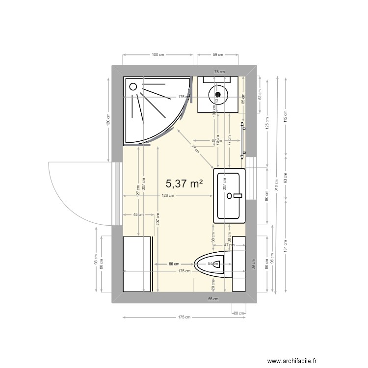 Salle de bain PM 5 douche 100x100. Plan de 1 pièce et 5 m2