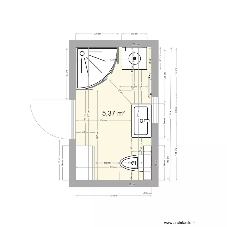 Salle de bain PM 5 douche 100x100. Plan de 