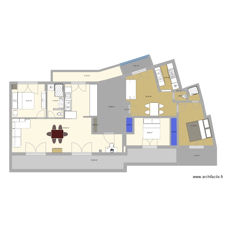 Plan repenséV2. Plan de 20 pièces et 149 m2